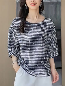 QINGNAER | Oversized Casual Short Sleeve Checkered Bell Sleeve Shirt for Summer