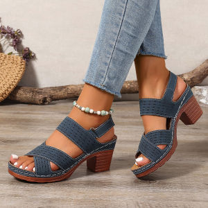 Summer Foreign Trade Block Heel Wedge Heel European and American Sandals Lightweight Cut-out Solid Color Plus Size Womens Velcro Sandals