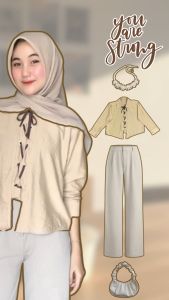 One set trending 3in1 ( Blouse cardigan pita lucu + Celana + Tas Imut + Kalung Aesthetic ) AM299N