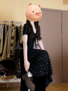 Karrar betsey | Summer Floral Print Dress Womens V-neck Lace Hem Black Mini Dress Tea Break French Style A-line Skirt High Waist Short Sleeve