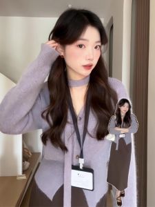 BINKAFENNY | Purple V-Neck Knitted Open Cardigan Womens Short Style Sweater With Sash Autumn Winter New Lazy Fashion Design Sense Top