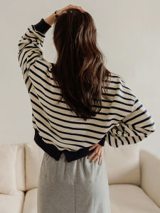 Pure Cotton Striped Long Sleeve T-Shirt Short Design Womens Sweatshirt Korean Style round Neck Casual Comfortable Spring