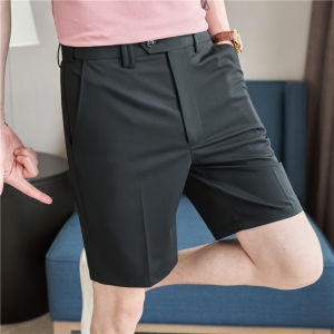 Summer Mens Slim Fit Casual Shorts Elastic Waist Pure Color Trendy Five-Quarter Length Straight Leg Polyester Blend Shorts