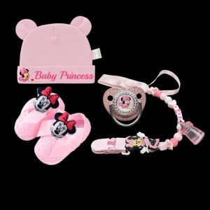 Disney | 4-piece set / set Bling Bling baby nipple Cartoon print baby Bead chain Buckle / baby shoes / newborn hat Newborn gift 0-8M