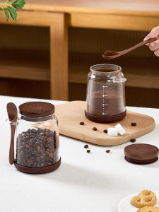 YYIEDERNG | Coffee Bean Storage Jar Food-grade Walnut Wood Glass Vintage Style