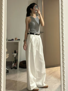 Quần Jeans Ống Thẳng Rộng Màu Trắng Cạp Cao Cho Nữ Thu Đông Quần Dài Dài Đến Sàn Có Chi Tiết Gấp Phong Cách Mỹ