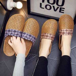 MONLEYTA | Lightweight Flat Bottom Wicker Straw Slippers Breathable Summer Indoor Home Slippers Comfortable Grass Mat Weaving Design