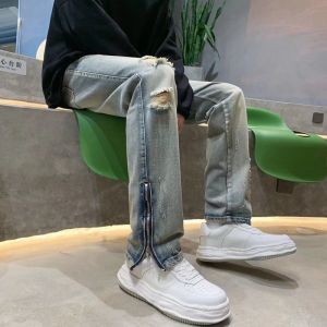 Trendy Mens Loose Fit Distressed Denim Jeans Summer Wearable Water Washed Zipper Slit Straight Leg Jeans Casual Youth Style