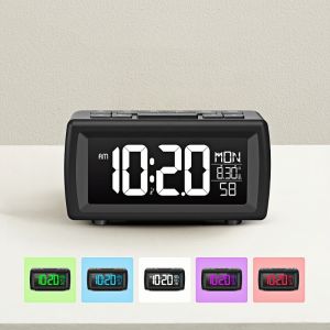 FM Radio Digital Alarm Clock Date Week with 7 Color Changing Display Snooze Table Clock 5 Levels Brightness 12/24H DST LED Clock