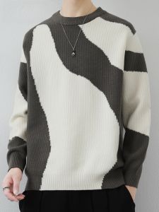 HENGYUANXIANG | Autumn Winter Loose Mens Knitted Sweater Color Block Fashionable Crew Neck Base Shirt Soft Comfortable Polyester Nylon