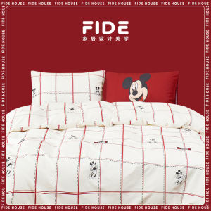 FIDE Retro Red Striped Cartoon Mouse Cotton Duvet Cover Set Home New Style Blogger Full Cotton Four-piece Bedding Set