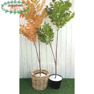 Pohon Artificial Daun Willow Variasi Warna Merah & Hijau X2 Semi Latex Pot Dasar Hitam Cover Rotan Hiasan Rumah Aesthetic