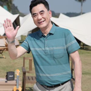 Breathable Stripe Short Sleeve Polo Shirt Mens Mid-aged Dad Summer Wear Pocket Design Business Casual Cotton Pique T-shirt