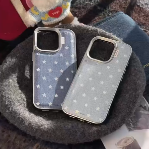 Gilded Five-Pointed Star Denim Color Hard Case for iPhone 11 12 13 14 15 16 17 Pro Max Casing Anti-Fall Cover for iPhone 13 Case