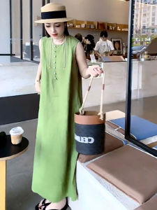 Summer New Womens Sleeveless Cotton Lin Dress Casual Style round Neck Long Skirt Green Color Large Size Vest Dress