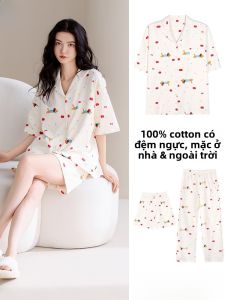MiiOW | Bộ đồ ngủ cotton nguyên chất cho nữ mùa hè tay ngắn ba mảnh có đệm ngực mặc ở nhà thoải mái thoáng khí