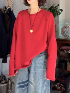 QINGNAER | New Autumn Casual Knitwear Red Round Neck Long Sleeve