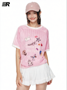 ERSN STUDIO | Cartoon Pet Wonderland Print and Color Striped T-shirt