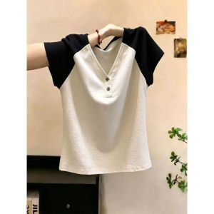 HUAXUNRAN | Áo Thun Thời Trang Cổ V Tay Ngắn Ôm Sát