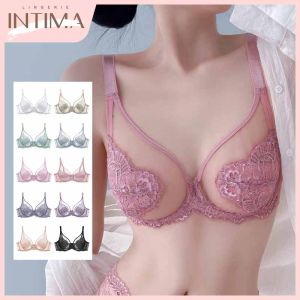 INTIMA Womens Full Coverage Non-Padded Bra Floral Lace Underwire Bras Thin Cup Unlined Sheer Minimizer Bralette