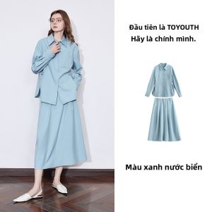 Toyouth | Bộ Áo Sơ Mi và Chân Váy Dập Ly Đơn Giản Màu Sắc Thuần Tuý