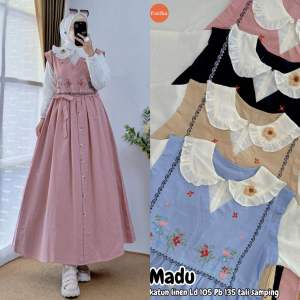 FATIHA | Madu Dress Katun Linen Aksen Bordir Lengan Panjang / Daily Casual Dress Busui