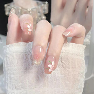 2024 New Handmade Cats Eye Camellia Wearable Nails Medium Long Short Pure White Beautiful Nail Art Stickers Easy Application