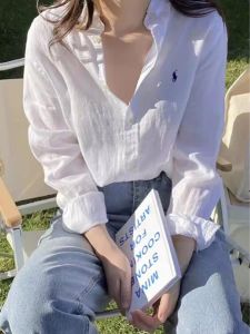 Early Autumn Linen Womens Shirt Casual Long Sleeve Loose Fit Button up White Cotton Linen Top for Commute Vintage Style