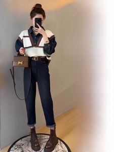 ชุดเดรสทำงานฤดูใบไม้ร่วง 2025 ชุดกระโปรงยีนส์เอวสูง 2 ชิ้น เอฟเฟกต์กระชับสัดส่วน ชุดกระโปรงทรงเอยาวปานกลาง