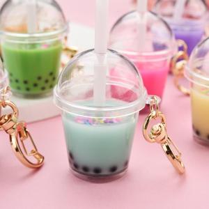 Mini Simulated Pearl Milk Tea Cup Keychain Creative Moon Buckle Straw Bag Accessories Pendant Exquisite Resin Craft Gift