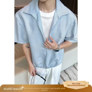 OUMULONG | Summer Loose Fitting Ice Silk Short Sleeve Old Money Style Striped Shirt For Men