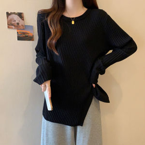 plus Size Long Sleeve Knitwear Womens Base Layer Asymmetrical Design Belly Covering Autumn Winter Slimming Bottom Shirt