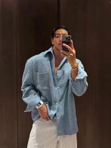 DAVID&ME | Light Blue Honeycomb Texture Turn-down Collar Long Sleeve Casual Loose Mens Shirt