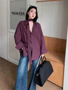 เสื้อเชิ้ตแขนยาวทรงหลวมสำหรับผู้หญิงในช่วงต้นฤดูใบไม้ร่วง สีม่วงบลูมอร์นิ่ง เสื้อเชิ้ตทรงหลวมทรงสลิมฟิตพร้อมเข็มขัด