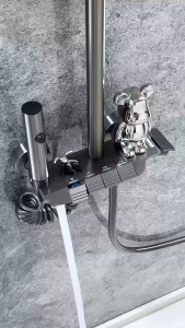 [✅SG]Matte Gun Grey Space Aluminum Shower System 4 Independent Piano Button Water Modes Cold & Hot Water Control Wear Resistant Ceramic Valve Core Large Square Sky Overhead Shower 3 Speed Handheld Shower Head Retractable High Pressure Cleaning Spray Gun