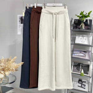 High Waist Fleece Lined Wide Leg Pants Womens Autumn Winter Loose Casual Elastic Waist Sweatpants Commute Style Double Waist