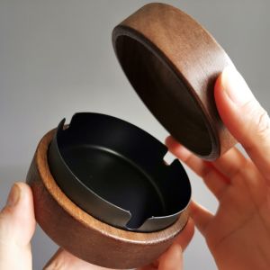 Real Wood Lidded Ashtray Stainless Steel Living Room Tea Table Vintage Ashtray Walnut Color Home Decorative Accessories