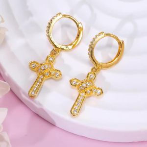 Pretty Beauty Moissanite 28mm Cross Pendant Hoop Earrings for Women Men S925 Silver Gold Plated Hypoallergenic Religious Jewelry