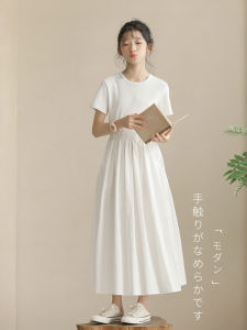 Summer Thin Cotton Short Sleeve Childrens Dress Hepburn Style Pure White Japanese Style Long Skirt for Girls Ages 5-13