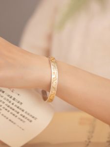 Pure Silver S925 Open Hand Bracelet Gold-Embellished Tang Grass Pattern Traditional Chinese Style Luxury Minimalist Womens Jewelry