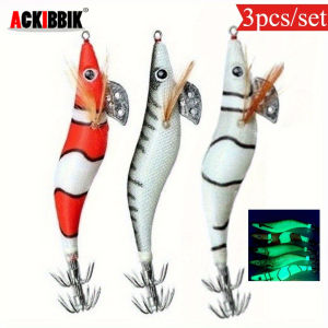Ackibbik 3pcs/Set Shrimp Fishing Lures Luminous Squid Jig Hook Shrimp Prawn Lure Artificial Hard Bait Octopus Fishing Supplies
