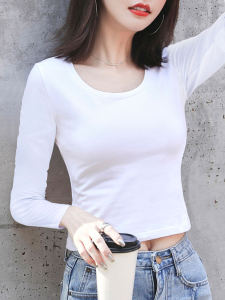 White High Waist Long Sleeve Womens Slim Fit T-Shirt Spring Autumn Solid Color Base Shirt Female Hole Exposure Short Top