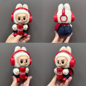 For Coke Series Labubu Baby Clothes Red Headphones Denim Suspenders Trousers Trend Baby Clothes Suit Vinyl Doll Dress-Up Toy