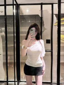 Versatile Basic Style Modal Pure Desire Sweet Spicy Asymmetrical Shoulder Summer New Loose Fit Elastic T-Shirt for Women