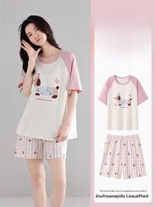 MiiOW | ชุดนอนผู้หญิงแขนสั้นผ้าฝ้ายแท้ MiiOW ฤดูร้อน 2025 ชุดนอนผ้าฝ้ายแท้แบบสวมหัวลายการ์ตูนคอกลม