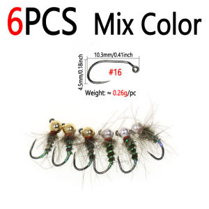 6pcs #16 Tungsten Bead Head CDC Hackle Jig Nymph Fly Fast Sinking Hares Ear Dub Body Wet Euro Nymph Fly Trout Fishing Lures