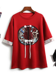 New Year Celebration Red Embroidered Patchwork T-Shirt Half Sleeve Oversized Retro Chinese Style Womens Top Commute Wear