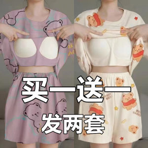 ชุดนอนผ้าฝ้าย100% พร้อมแผ่นรองหน้าอกชุดกางเกงขาสั้นแขนสั้นใส่ช่วงฤดูร้อนสำหรับผู้หญิงชุดใส่ในบ้านทรงหลวมลายการ์ตูนใส่ออกไปข้างนอกได้