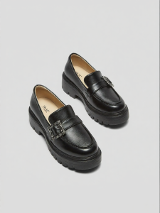 French Style Black Thick Sole Genuine Leather Womens Loafers