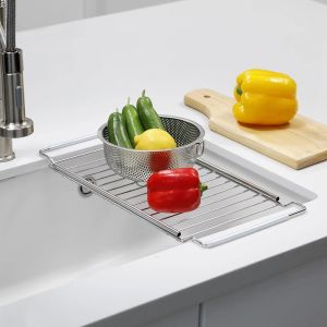 Expandable 304 Stainless Steel Drain Rack Fruit And Vegetable Storage Water Filter Kitchen Sink Dishware Plate Storage Shelf